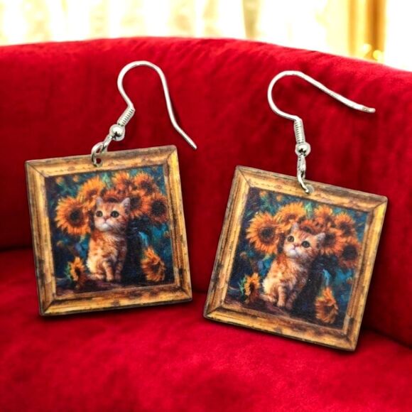 Van Gogh Cat Sunflowers Famous Painting Earrings Dangle Pierced Ears Fun Jewelry - Picture 2 of 4